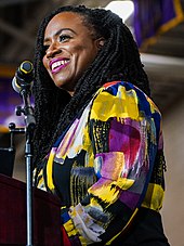 Pressley at a town hall for Elizabeth Warren in November 2019 Raleiigh, NC Town Hall - 49644987136 (1).jpg