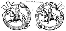Deux dessins ronds avec la légende autour montrant des chevaliers armés à cheval.