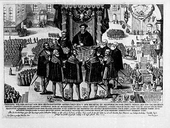 Charles V, Holy Roman Emperor receives the Augsburg Confession, Augsburg 1530. Verlesung der Confessio Augustana.jpg