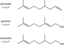 The major constituents of the Java type citronella oil Citronellal, geraniol, citronellol.svg