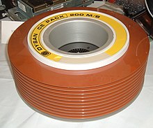 1970s vintage 200 megabyte disk pack manufactured by Dysan, with the cover removed DysanRemovableDiskPack.agr.jpg