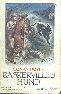 Omslagsbild till den första svenska utgåvan av Baskervilles hund, ritad av Carl-Axel Krawe.