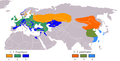 Mapa rozšírenia poddruhov havrana čierneho      Stály      Zimujúci      Preletujúci      Migrácia (šípky)      C.f.pastinator hniezdiaci      C.f.pastinator zimujúci