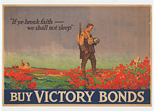 Painting of a soldier staring down at a white cross surrounded by red poppies. The text "If ye break faith ~ we shall not sleep" and "Buy Victory Bonds" are written at the top and bottom respectively.