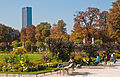 Chaises, fauteuils et relax au jardin du Luxembourg, la tour Montparnasse au dernier plan.