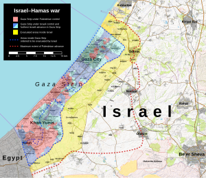 Map of the Gaza Strip and part of Israel. The part of Israel surrounding the Strip is marked as evacuated. Some parts of the Strip is marked as under Israeli control, and the remainder is marked as under Hamas control.