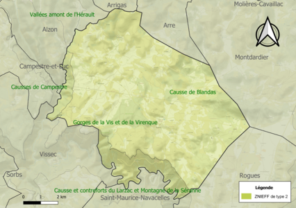 Carte des ZNIEFF de type 2 sur la commune.