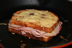 The croque-monsieur is a type of ham and cheese sandwich Croque monsieur.jpg