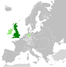 Location of Great Britain in 1789 in dark green; Ireland, the Channel Islands, the Isle of Man and Hanover in light green