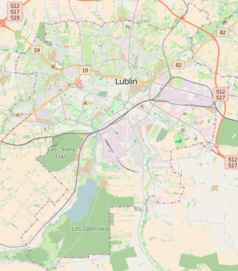 Mapa konturowa Lublina, po lewej znajduje się punkt z opisem „Lublin Zachodni”