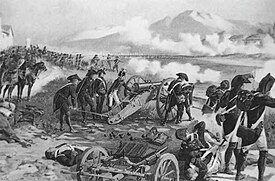 A black-and-white drawing of the Battle of Lodi. Smoke rises in the background, as multiple troops get ready to fire a cannon, pointed to the right. A destroyed cannon is visible in the bottom of the drawing.