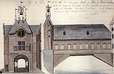 Voor- en zijaanzicht houten brugdeel en poortgebouw (reconstructie Ph. v. Gulpen)