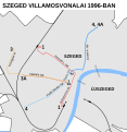 Szeged villamosvonalai 1996-ban. A 4-es és a 4A világosabb illetve sötétebb kékkel látható