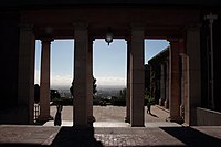 Memorial Plaza on Upper Campus viewed from the columns of the Sarah Baartman Hall