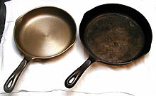 Cast-iron skillets, before seasoning (left) and after several years of use (right) Castiron-skillets.jpg