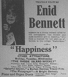 page de publicité avec photo et texte indiquant Enid Bennett et le titre du film 'happiness"