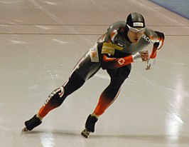 Voormalig wereldrecordhouder Jeremy Wotherspoon tijdens de Wereldbekerwedstrijd in het Thialf te Heerenveen in 2008.