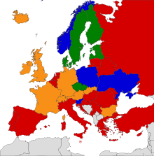 Mapa států Evropy rozlišených barevně dle možnosti obyvatel legálně vlastnit tlumič hluku výstřelu, včetně barevné legendy