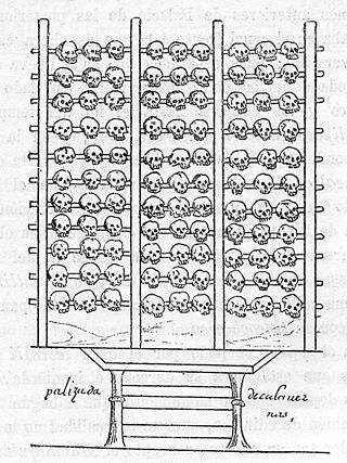 <span title="Classical Nahuatl-language text"><i lang="nci">Tzompantli</i></span> Rack or palisade that displays human skulls