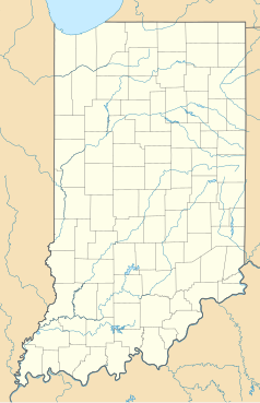 Mapa konturowa Indiany, blisko górnej krawiędzi znajduje się punkt z opisem „Notre Dame Stadium”