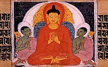 color manuscript illustration of Buddha teaching the Four Noble Truths, Nalanda, Bihar, India