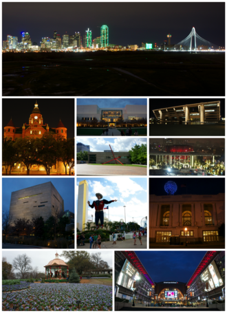 Tap tae bottom, left to right: Downtown Dallas skyline, Old Red Museum, NorthPark Center, Dallas City Hall, Dallas Museum of Art, Winspear Opera House, Perot Museum of Nature and Science, State Fair of Texas at Fair Park, Dallas Union Station, the Dallas Arboretum and Botanical Garden, an the American Airlines Center