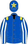 Royal blue, yellow epaulets,royal blue and white striped sleeves, royal blue cap, yellow star