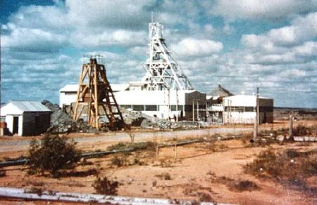 Radium Hill, a former minesite in South Australia which operated from 1906 until 1961. It was Australia's first uranium mine, years before the country's next major mines at Rum Jungle in the Northern Territory (opened in 1950), and the Mary Kathleen mine in Queensland (1958). Radium Hill 1954.jpg