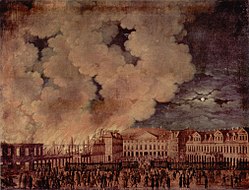 Gemälde von Karl Schröder: Schlossbrand und Schlossruine beim Braunschweiger Volksaufstand von 1830 gegen Herzog Karl II.