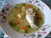 Ukha is a clear Russian soup, made from various types of fish such as bream, wels catfish, or ruffe. Uha 013.jpg