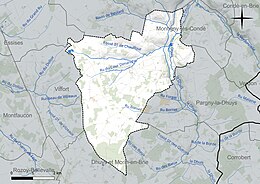 Carte en couleur présentant le réseau hydrographique de la commune