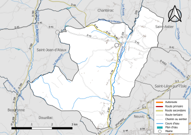 Carte en couleur présentant le réseau hydrographique de la commune