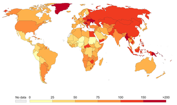 The number of deaths attributed to smoking per 100,000 people in 2017[49]