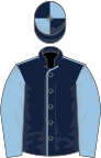 Dark blue, light blue seams and sleeves, quartered cap