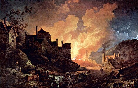 Coalbrookdale dum nokto: pentraĵo de 1801. En Coalbrookdale estis la unua koaksa altfornego.