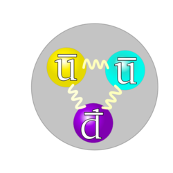 Strukturen af en antiproton. u er antiup-kvarker og d er en antidown-kvark.