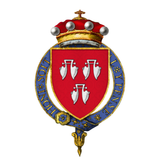 Coat of arms, with a red shield and a blue crown