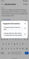 Dialog appears with suggestions when users tap "show suggested descriptions"