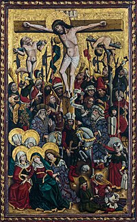 یک نقاشی از عیسای مصلوب. او بر روی صلیب است و افراد بسیاری در اطراف او هستند.