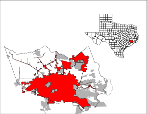 Lage von Houston im Harris County (links) und in Texas (rechts)