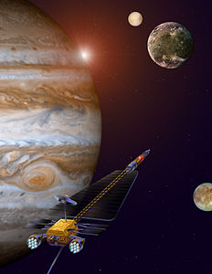 Jupiter Icy Moons Orbiter. A long boom holds the reactor at a distance, while a radiation shadow shield protects the radiator fins