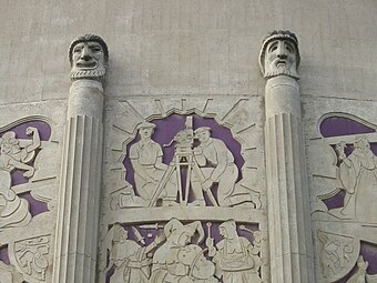 Art Deco mascarons on the King City High School Auditorium, King City, California, US, designed by Robert Stanton and Joseph Jacinto Mora, 1939