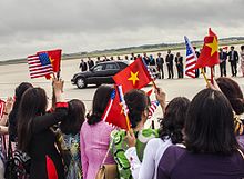 Chairman of the Communist Party Nguyen Phu Trong arrives at Joint Base Andrews, to meet U.S. President Barack Obama, 6 July 2015 Vietnam Communist Party leaders arrives at Joint Base Andrews, to meet President Obama 150706-F-WU507-253.jpg