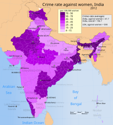 تُظهر الخريطة نسبة العنف ضد المرأة في الولايات الهندية وأقاليم الاتحاد في عام 2012. وتُعتبر بيانات مُعدل الجريمة لكل 100.000 امرأة في هذه الخريطة أوسع تعريف للجريمة ضد المرأة بمُوجب القانون الهندي. ويشمل ذلك الاغتصاب والاعتداء الجنسي وإهانة الحياء والاختطاف والوحشية من قبل الشريك المُقرب أو الأقارب والاتجار والاضطهاد بسبب المهر ووفيات المهر والفحشاء وجميع الجرائم الأخرى المُدرجة في قانون العقوبات الهندي.[39][40]