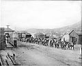 Image 46A burro-drawn wagon hauling lumber and supplies into Goldfield, Nevada, ca.1904. In 1903 only 36 people lived in the new town. By 1908 Goldfield was Nevada's largest city, with over 25,000 inhabitants. (from History of Nevada)