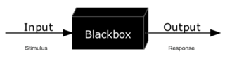 A drawing showing a back rectangular solid labeled "blackbox", with an arrow entering labeled "input/stimulus", and an arrow exiting labeled "output/response"