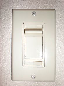 Vertical rectangular plastic cover plate with vertical slider and a smaller horizontal rocker switch below. Two exposed slotted screw heads hold the cover plate to the wall box.