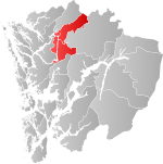 Mapa do condado de Hordaland com Vaksdal em destaque.