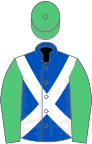 Royal Blue, White cross belts, Emerald Green sleeves and cap