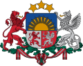 Latvijos herbas, skydininkai - raudonas liūtas ir sidabrinis grifonas.